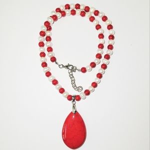 SALE! NEW! Red Howlite Beads & Pendant Necklace w/ White Freshwater Pearls
